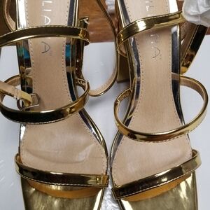 A WOMEN'S Sz-9 LILIANA MAREUM GOLD STRAPS CLOSURE HIGH HEELS SANDALS